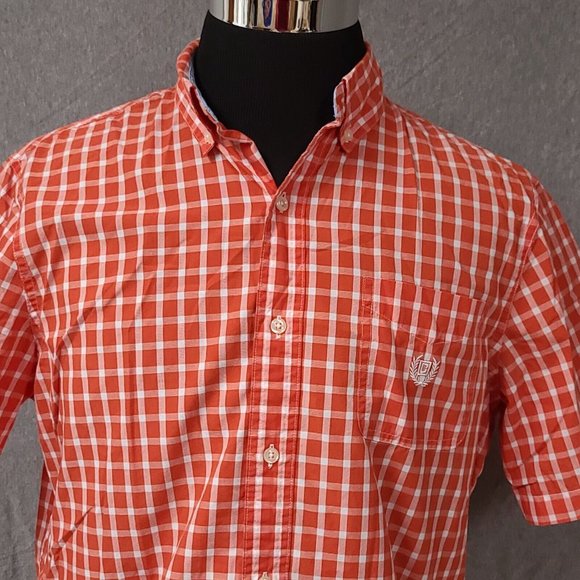 Chaps Easy Care Mens Large Orange Plaid Short Sleeve Button Up Logo Shirt - Picture 2 of 13